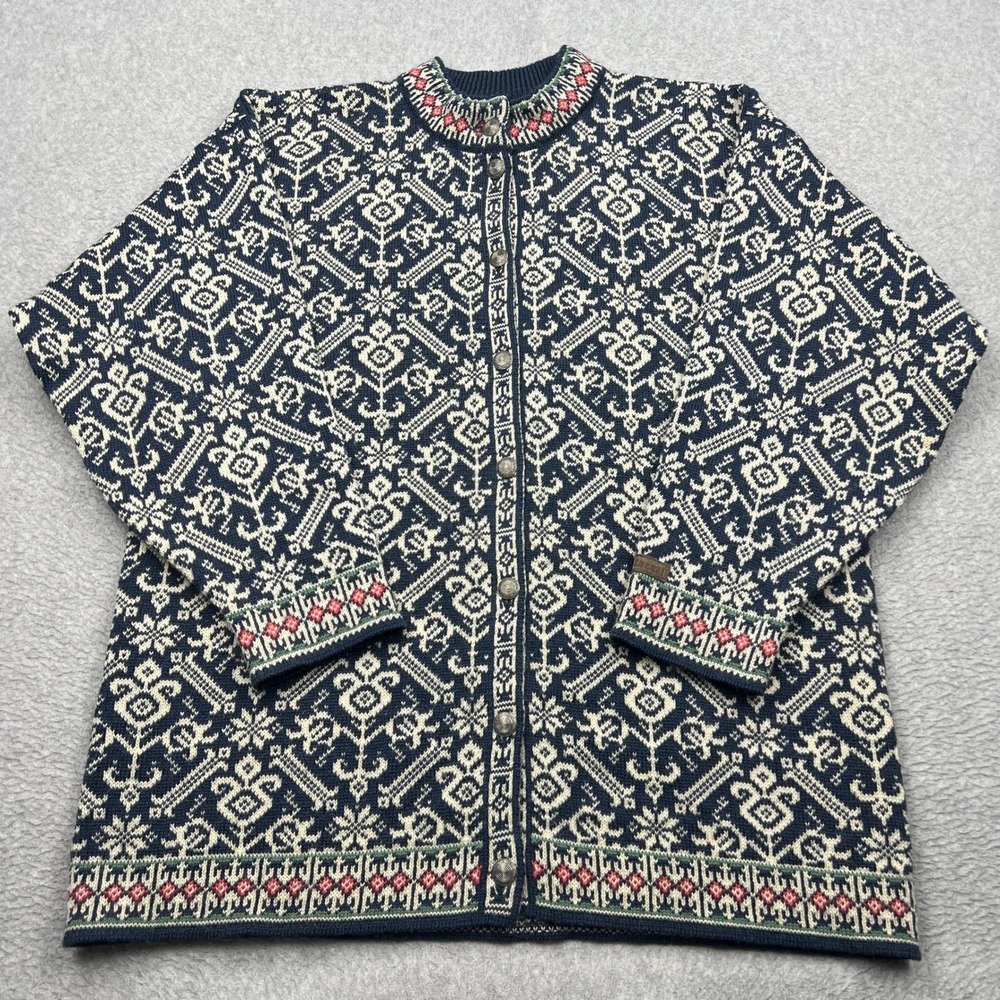 Dale of Norway Cardigan Sweater Womens Large Nordic Fair Isle Pewter Button Wool